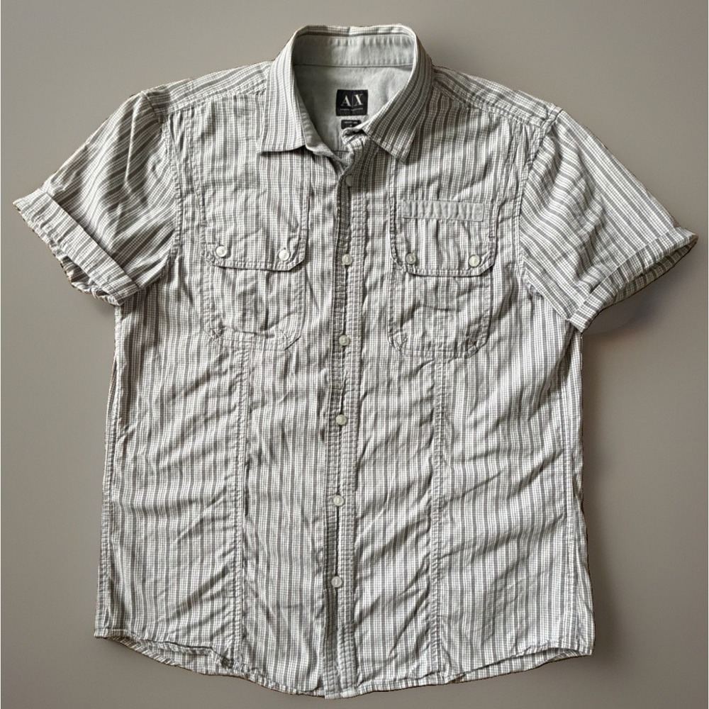 Armani Exchange Short Sleeve Button Up Shirt White Gray Check Pocket Medium JBHS - Picture 1 of 10